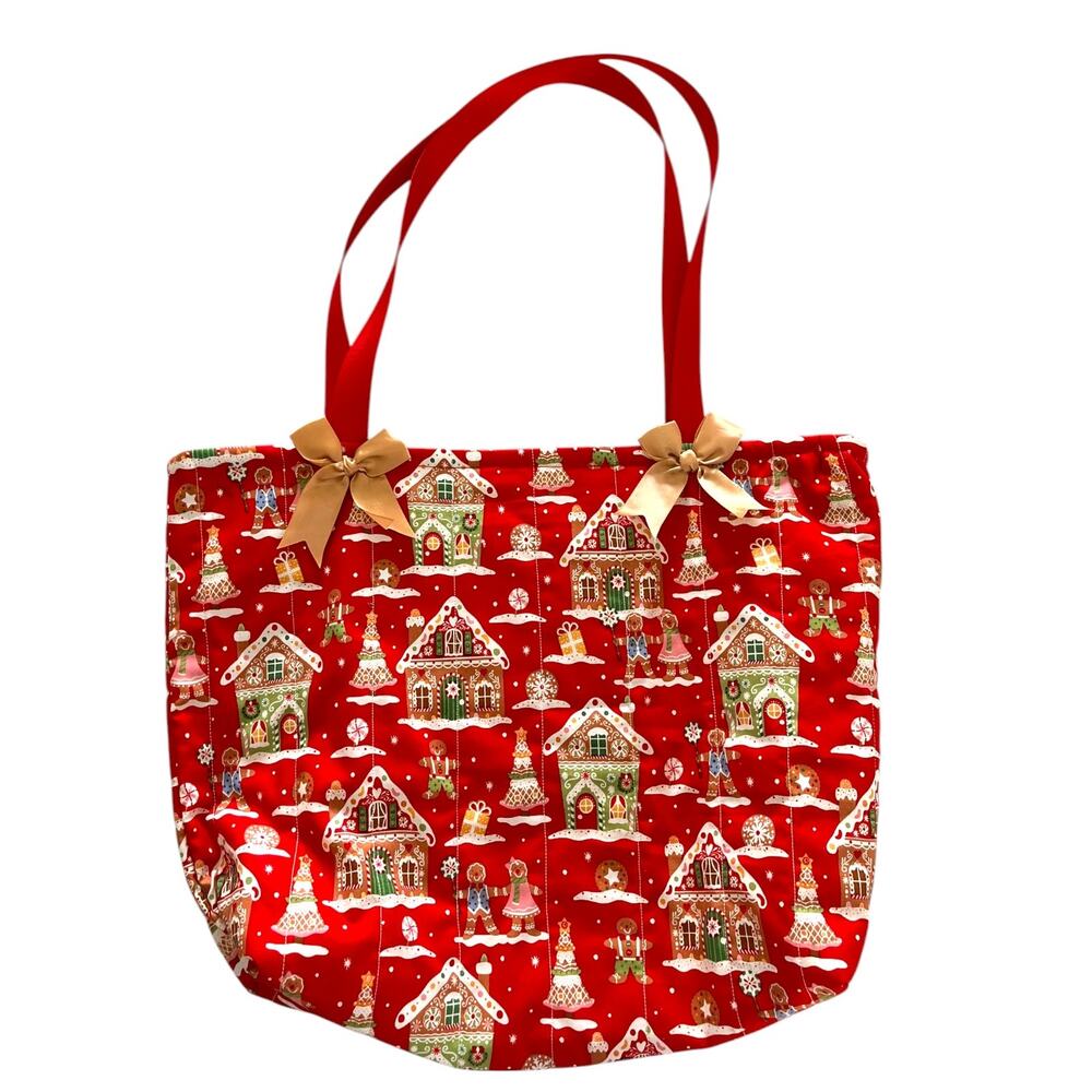 Handmade Womens Christmas Tote Bag Gingerbread House Red Holidays Gift